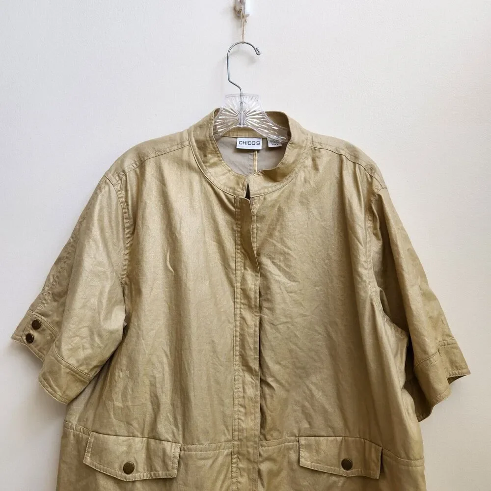 Chicos Jacket Women's 3 Gold Metallic Linen Full Zip Classic Career Evening Chic